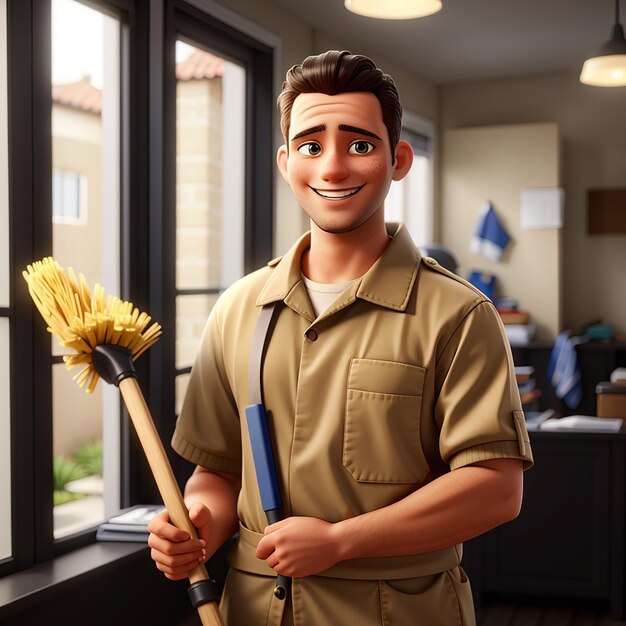 Cleaner man in uniform holding a broom and smiling