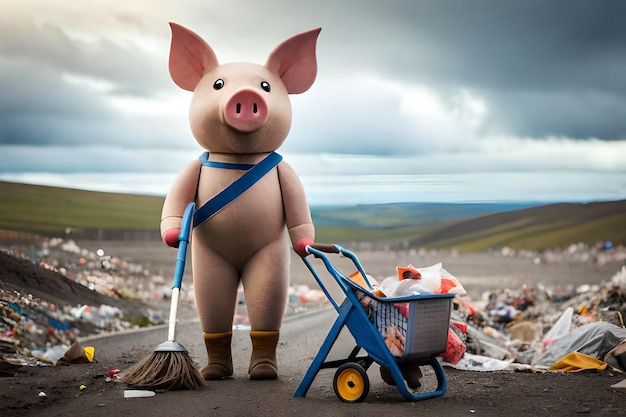 Cleaner pig cleans up in a garbage dump created by humans generated by AI