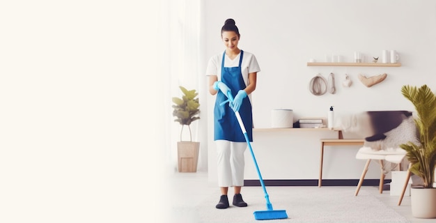 現代のオフィスや家庭で掃除の義務を負うモップを持つエプロンと手袋を着用した掃除人