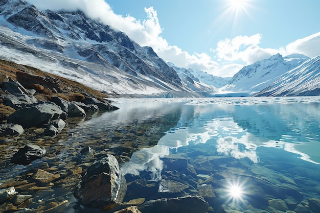 cleanest highland lake with clear fresh water between snowy mountain ranges