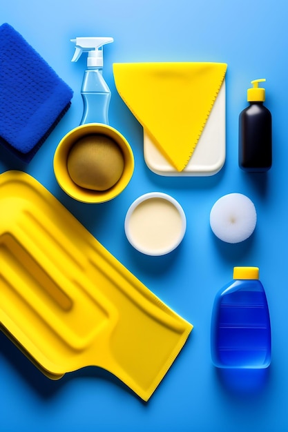 Cleaning accessories rubber glove and rags for dishwashing on a blue background