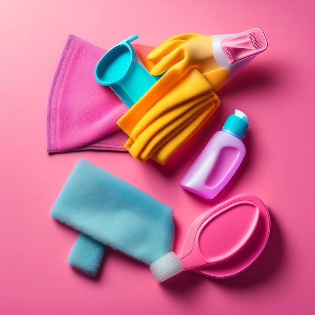 Cleaning accessories rubber glove and rags on a pink background Cleaning service concept