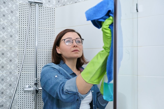 Уборка ванной комнаты, женщина в перчатках с тряпкой и моющим средством, мытье и полировка душевого стекла