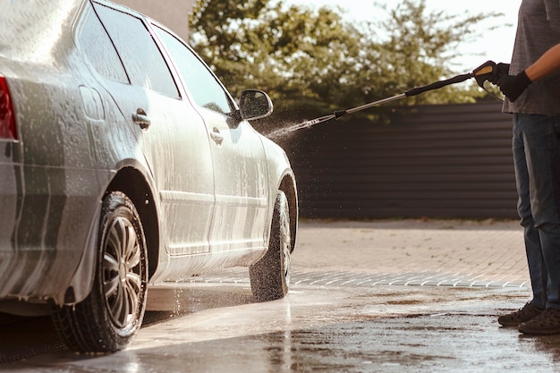 Cleaning car using active foam Selfservice car wash