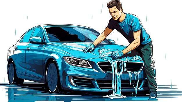 Photo cleaning car using high pressure water handsome young bearded man worker wearing protective clothes and gloves washing modern red car under high pressure soap water in car wash service