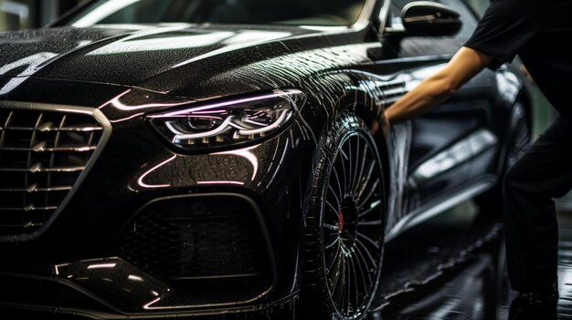 Photo cleaning car using high pressure water handsome young bearded man worker wearing protective clothes and gloves washing modern red car under high pressure soap water in car wash service