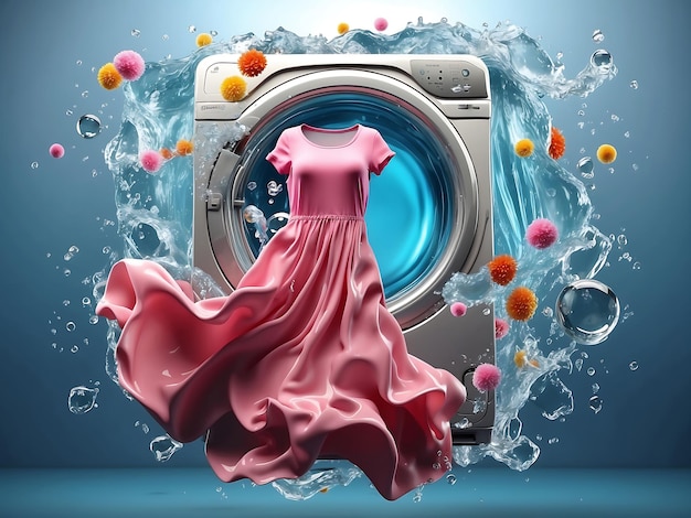 Photo cleaning clothes washing machine or detergent liquid commercial advertisement style with floating