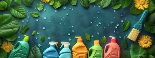 Cleaning concept background colorful detergent bottles and brushes surrounded and copy space