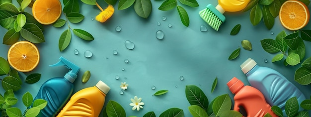 Photo cleaning concept background colorful detergent bottles and brushes surrounded and copy space