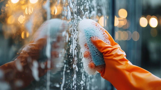 청소 개념 오렌지색 장갑을 입은 여성 손이 스폰지로 창문 유리창을 청소하는 클로즈업