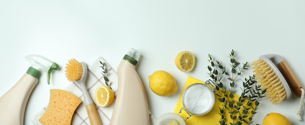 Cleaning concept with eco friendly cleaning tools on white background