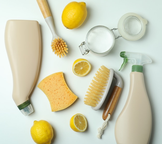 Cleaning concept with eco friendly cleaning tools on white isolated background