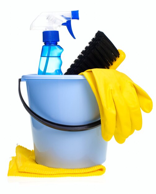 House Cleaning Equipment And Supplies In Bucket - Isolated Stock Photo,  Picture and Royalty Free Image. Image 93557670.