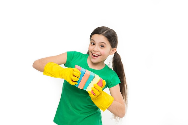 Cleaning could be fun Housekeeping duties Wash dishes Cleaning with sponge Cleaning supplies Girl in rubber gloves for cleaning hold many colorful sponges white background Help clean up