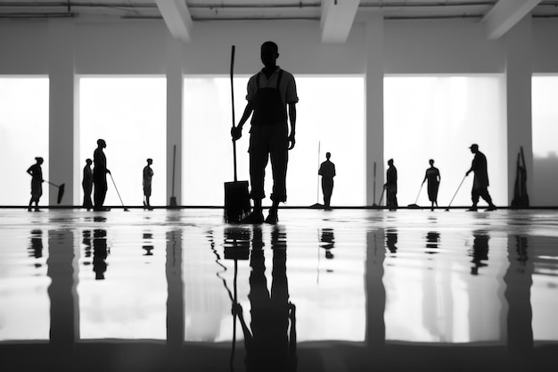 Cleaning Crew in Action Silhouettes of several people cleaning a spacious area illustrating the concept of thorough cleaning