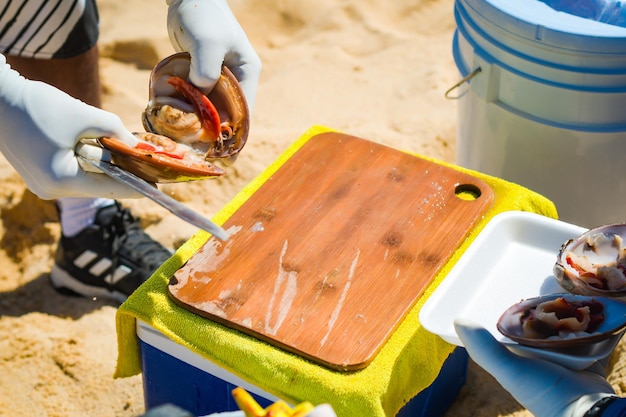 Cleaning and cutting the fine malaga shells by hand in the sea