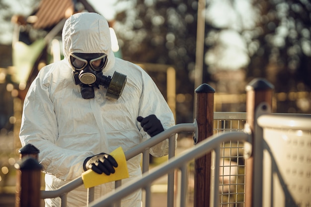 Cleaning and Disinfection on the playground in the sity complex amid the coronavirus epidemic.