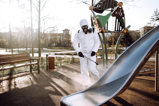 Cleaning and Disinfection playground with spray chemicals to preventing the spread of coronavirus