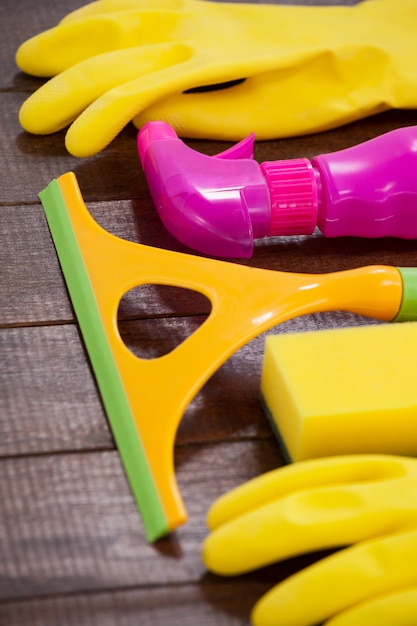 Cleaning equipment arranged on wooden floor