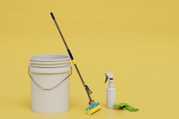 Cleaning equipment bucket floor mop dust remover and gloves 3d render