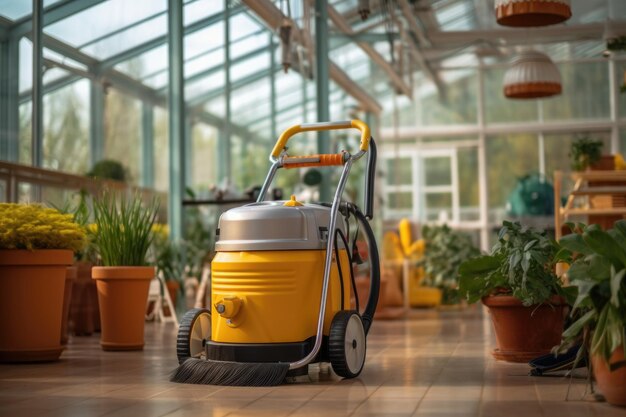 Cleaning equipment with blurred greenhouse background