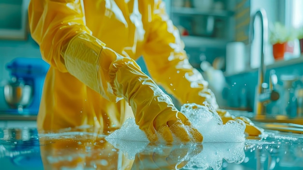 Foto un esperto di pulizia lavora metodicamente conquistando i disastri della cucina restaurando i banconi