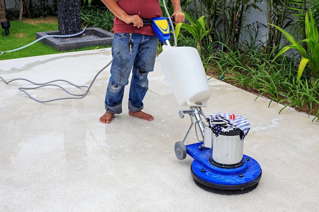 cleaning floor with machine