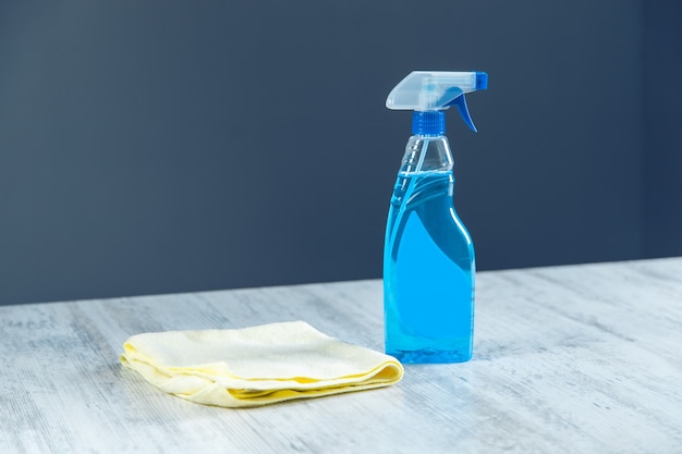 Photo cleaning fluid and cloth on the table