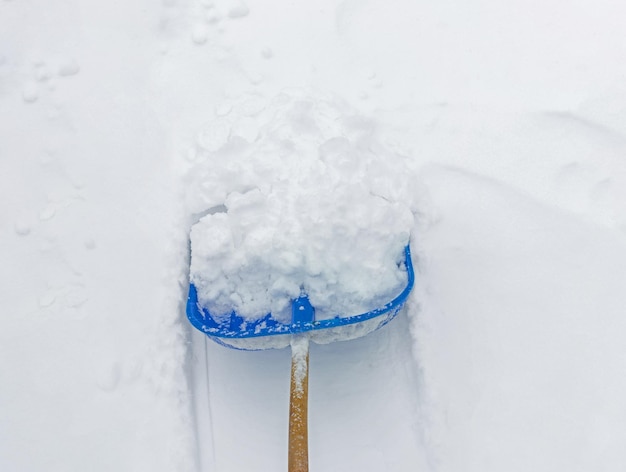 写真 冬の屋外で青いプラスチックのシャベルで新雪を掃除する