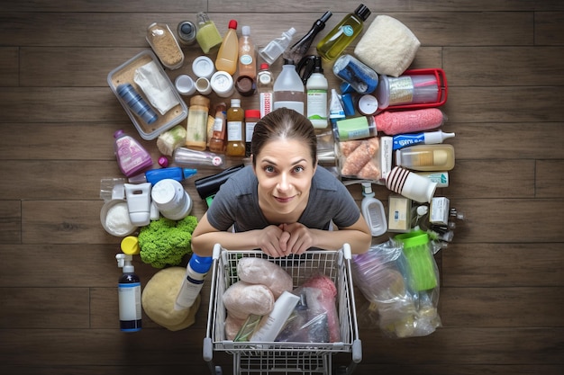 Photo cleaning in full swing a top view of a woman with a shopping cart brimming with cleaning supplies o