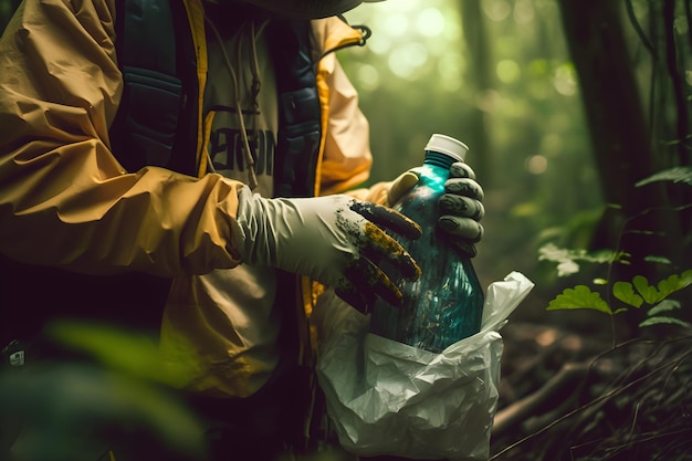 Cleaning garbage in bags in the park Closeup of a volunteer collecting plastic waste Generative AI