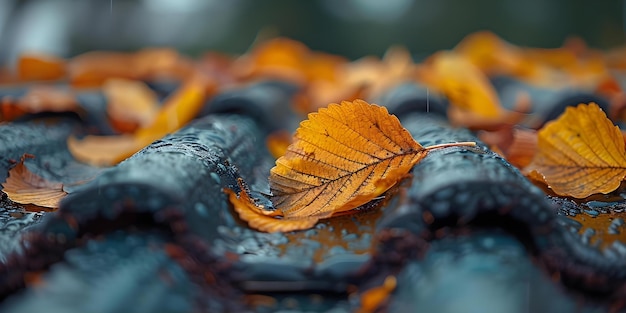 Cleaning gutters of autumn leaves before winter Roof maintenance in progress Concept Roof Maintenance Gutters Cleaning Autumn Leaves Winter Preparation Home Maintenance