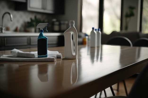 Cleaning Home Sanitizing kitchen table surface with disinfectant spray AI Generation