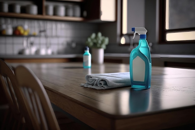 Cleaning Home Sanitizing kitchen table surface with disinfectant spray AI Generation