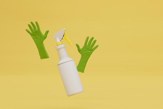 Cleaning the house with special detergents dust removal spray and gloves 3d render