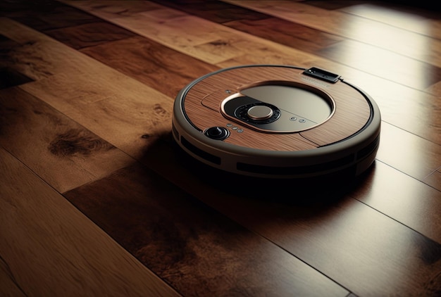 Cleaning is done with a robot vacuum on a laminate floor that looks like wood