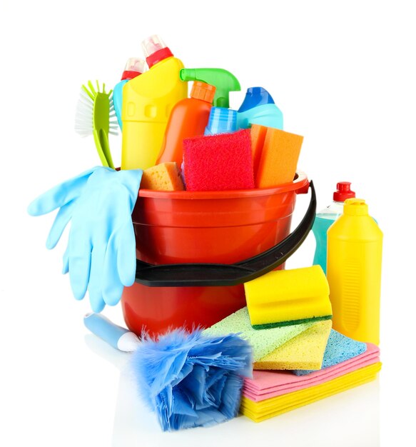 House Cleaning Equipment And Supplies In Bucket - Isolated Stock Photo,  Picture and Royalty Free Image. Image 93557670.