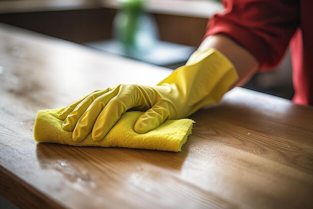 Photo cleaning the kitchen with a sponge hands in yellow protective rubber gloves wash the kitchen