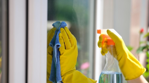 Cleaning lady in gloves washes a window with spray and rag closeup cleaning services and window