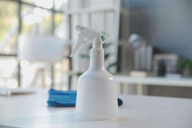 Cleaning lady with a bucket and cleaning products before washing the floor