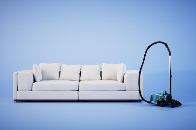 Cleaning in the living room a sofa next to which is a vacuum cleaner on a blue background 3D render