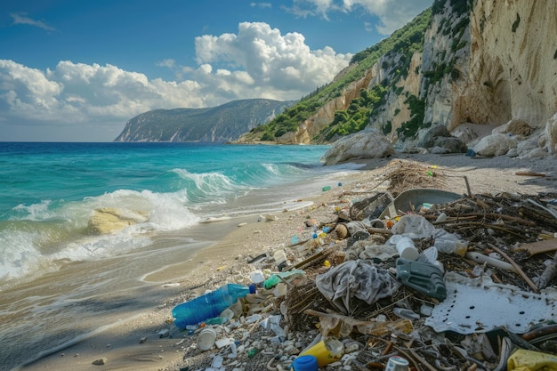 레프카다 의 밀로스 해변 에서 관광객 들 의 쓰레기 를 청소 하는 일
