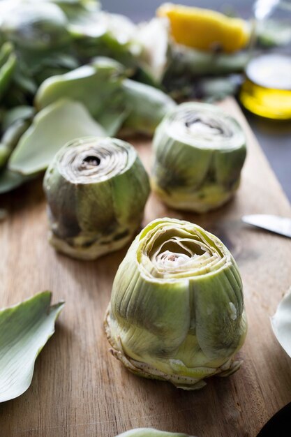 Cleaning and preparing artichokes in the kitchen Cooking artichokes Homemade healthy food