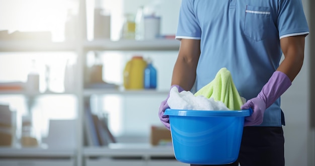 Cleaning products copy space text cleaning supplies home service cleaning bucket bokeh background