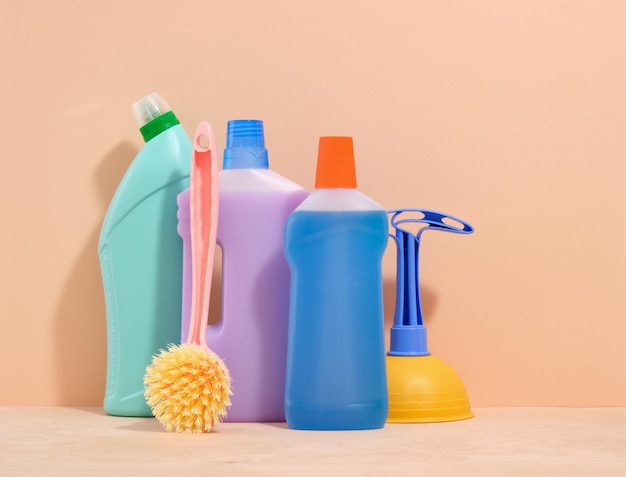 Cleaning products of different shapes and colors Plunger for clogging and cleaning brush