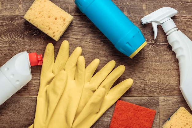 Cleaning products on the floor. Top view. Flat lay