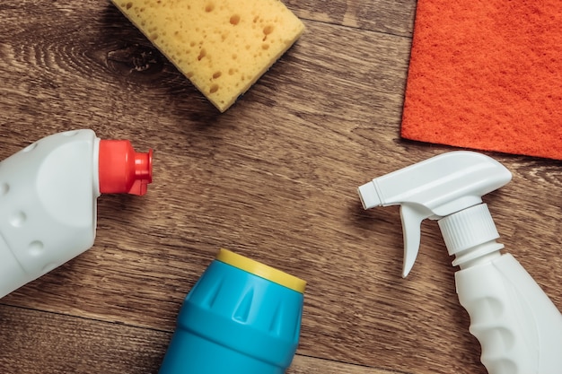 Cleaning products on the floor. Top view. Flat lay