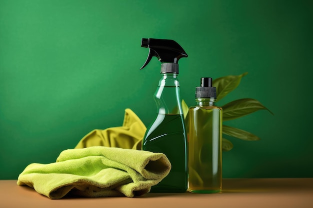 Cleaning products on a green background Cleaning service concept Eco friendly cleaning tools microfiber cloths spray bottle with water Green background AI Generated