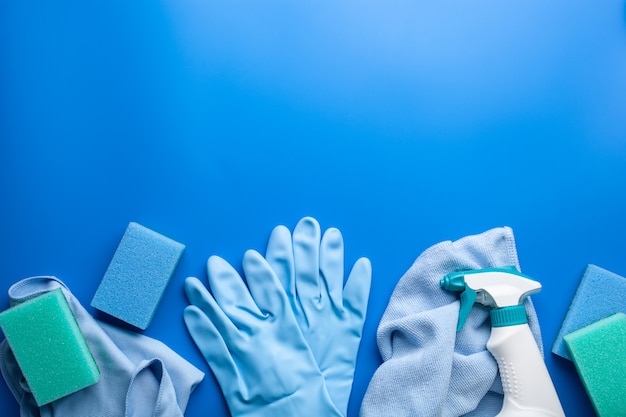 cleaning products household chemicals spray brush sponge glove