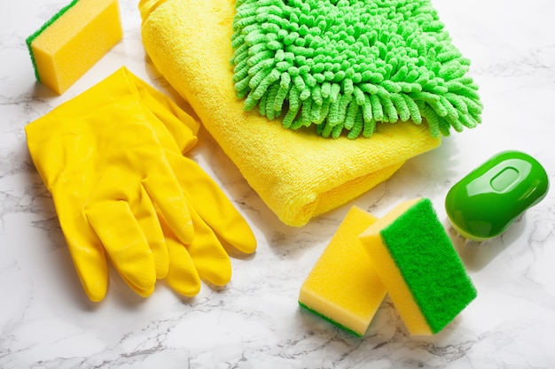 Cleaning products household chemicals spray brush sponge glove